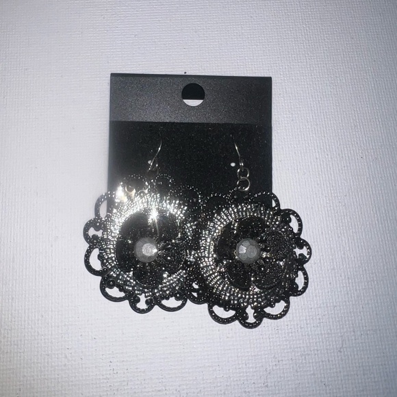 Ornate Filigree Flower Dangle Earrings Round Rhinestone Boho Statement - Picture 3 of 3